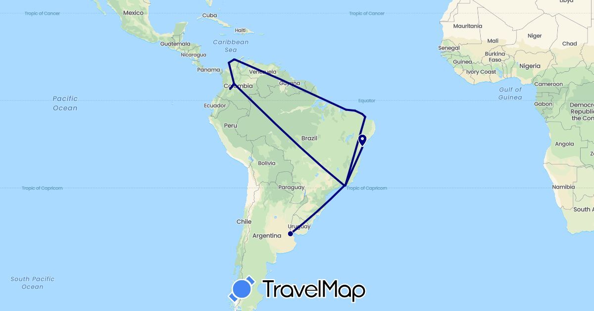 TravelMap itinerary: driving in Argentina, Brazil, Colombia (South America)